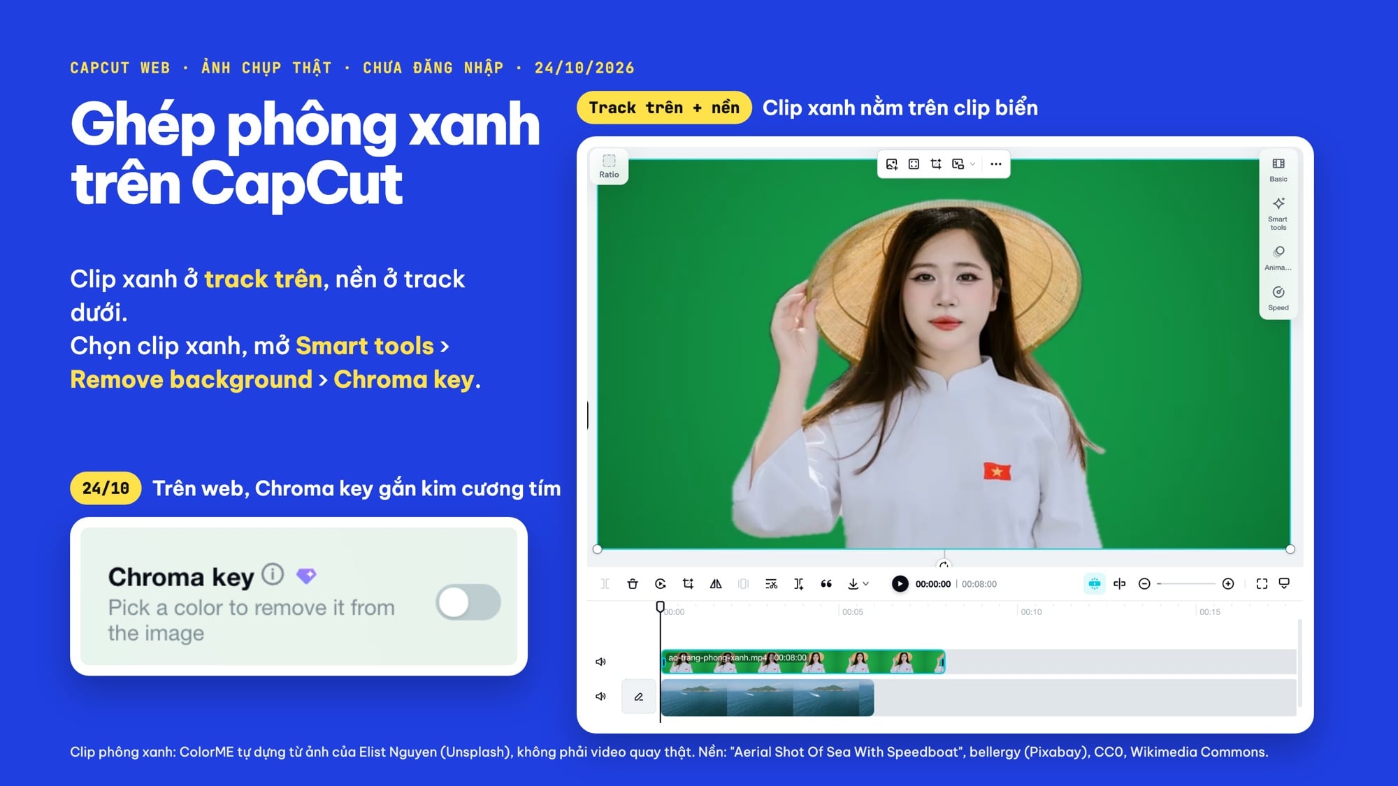 Ghép phông xanh trên CapCut Web: clip phông xanh nằm trên clip nền