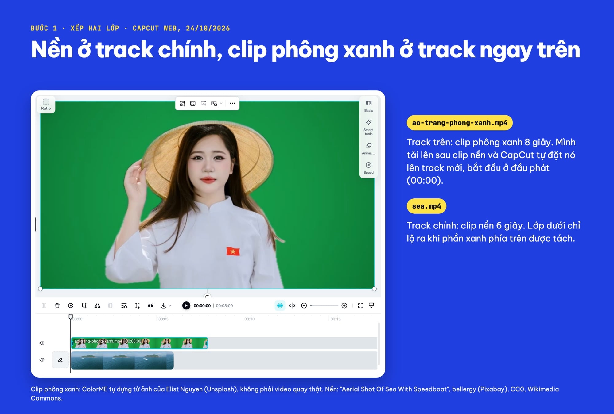 Xếp clip phông xanh lên track trên clip nền trong CapCut