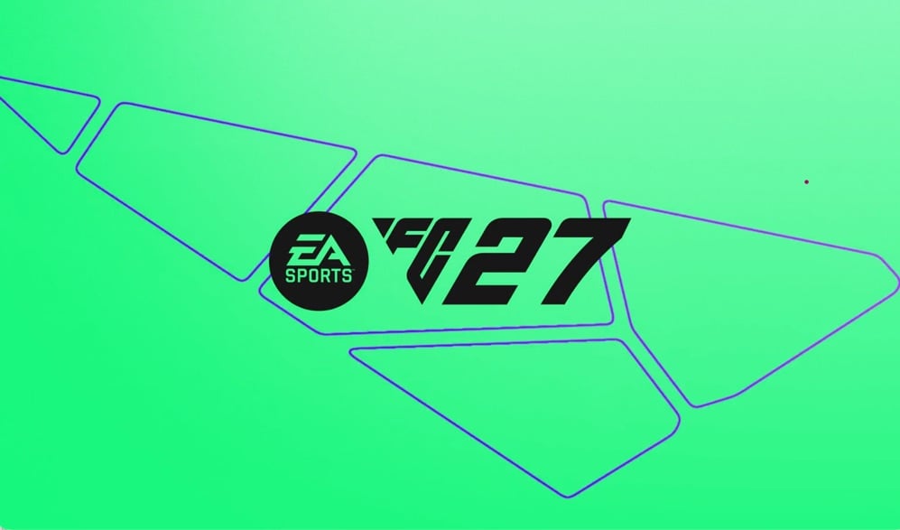 Logo EA Sports FC 27 màu đen trên nền xanh lá neon, xung quanh là các đường viền đa giác màu tím mảnh