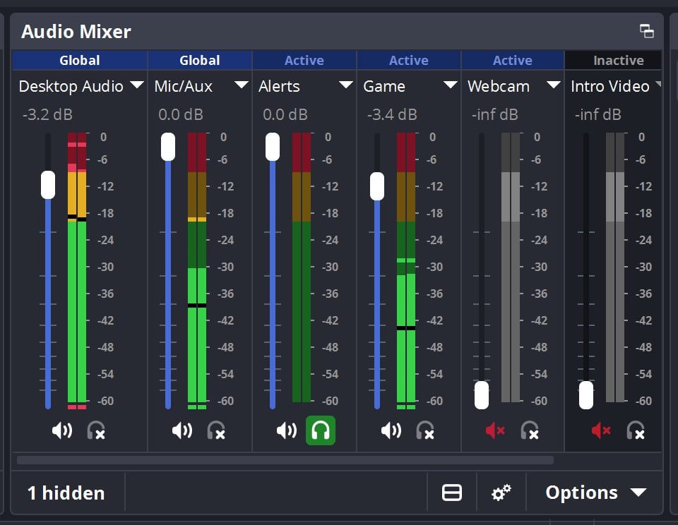 Bảng Audio Mixer của OBS Studio với các cột Desktop Audio, Mic/Aux, Alerts, Game, Webcam và Intro Video, mỗi cột có thanh mức âm và nút nghe thử