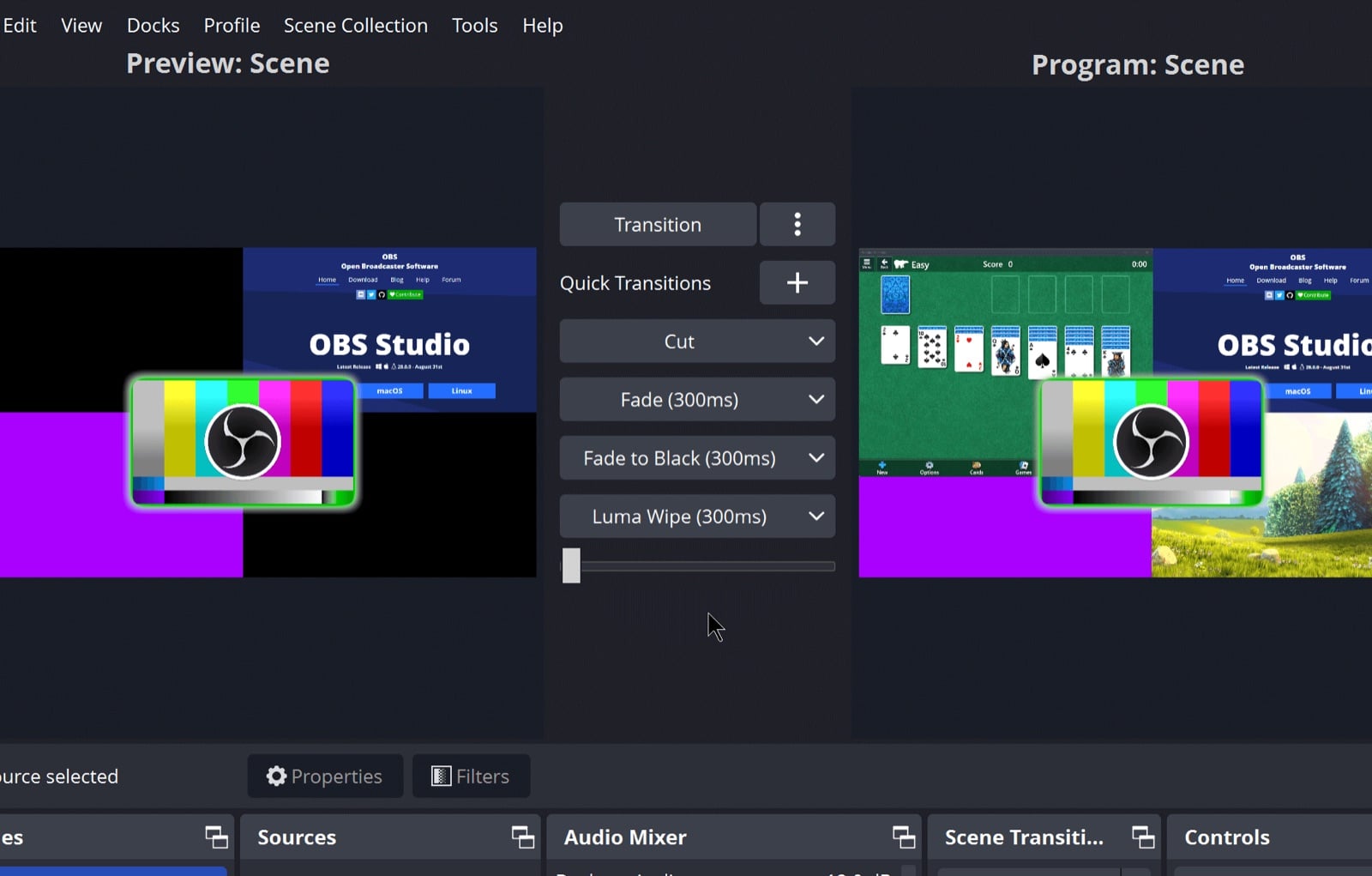 Giao diện OBS Studio chế độ Studio Mode: khung Preview bên trái và khung Program bên phải, ở giữa là các nút chuyển cảnh