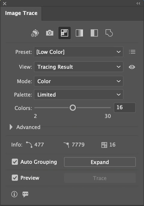 Panel Image Trace của Illustrator sau khi chọn preset Low Color: Mode Color, Palette Limited, Colors 16, kết quả 477 path