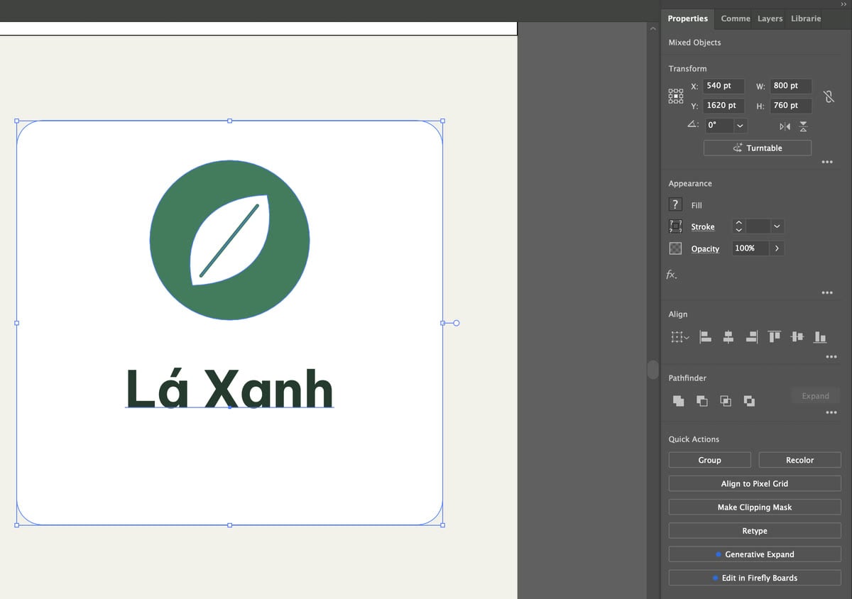 Illustrator chọn nhiều đối tượng: panel Properties hiện Transform, Appearance, Align và Pathfinder