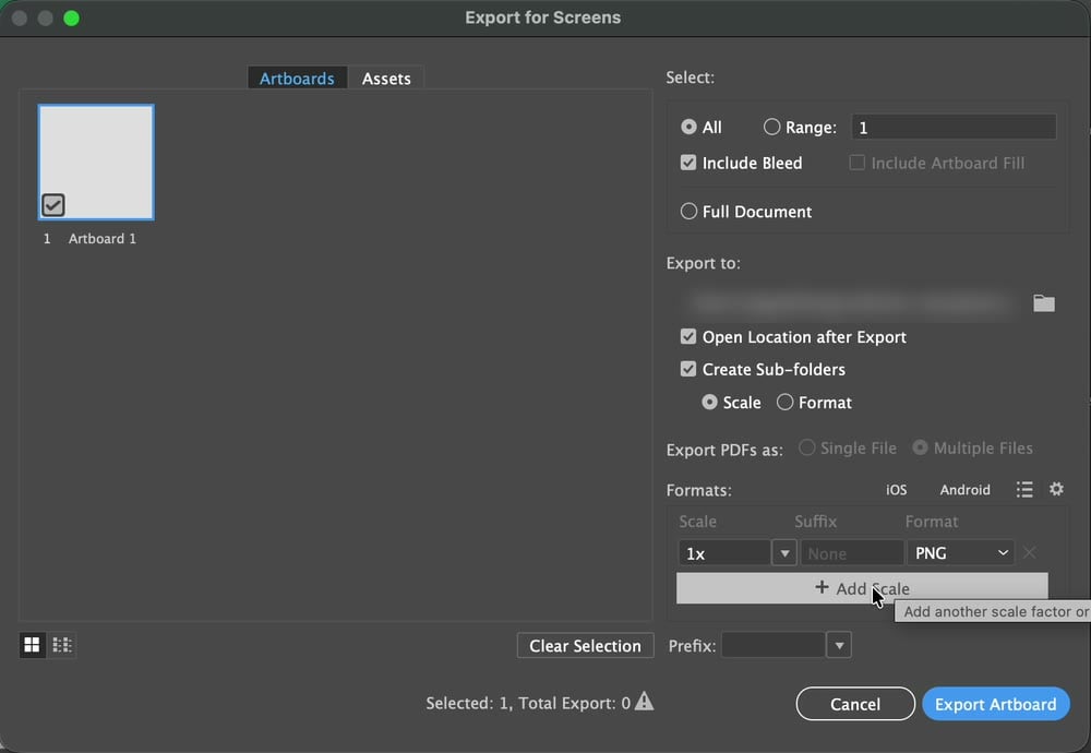 Hộp thoại Export for Screens trong Illustrator 2026: tab Artboards, Select All, Export to, Formats 1x PNG, nút Export Artboard