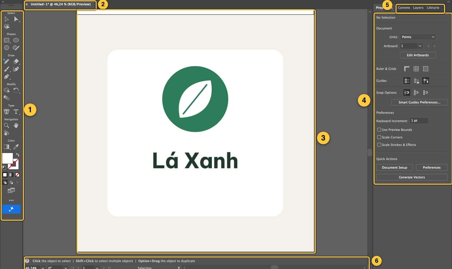 Giao diện Illustrator 2026 đánh số: thanh công cụ, Control và tab tài liệu, artboard, panel Properties, các tab Layers và Libraries, thanh trạng thái