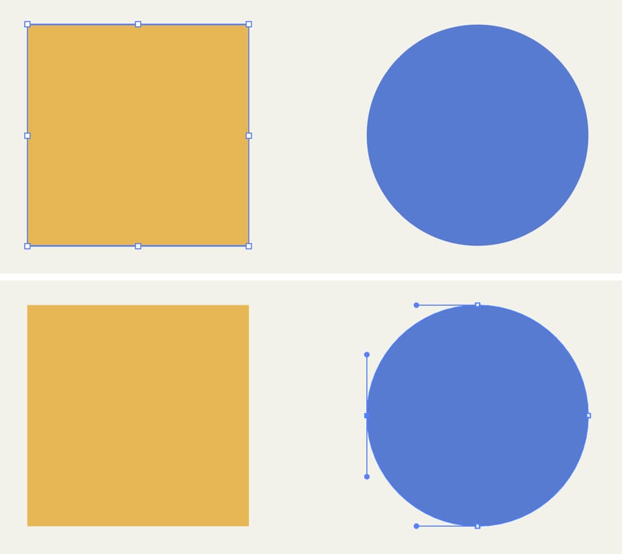 So sánh Selection tool và Direct Selection tool trong Illustrator: trên chọn cả hình vuông với khung bao, dưới chọn riêng điểm neo của hình tròn
