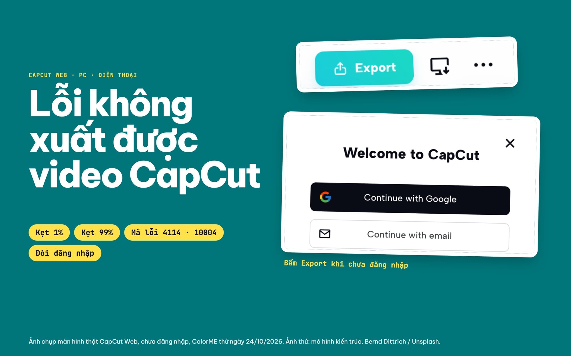 Lỗi không xuất được video trên CapCut: nút Export và hộp đăng nhập trên CapCut Web