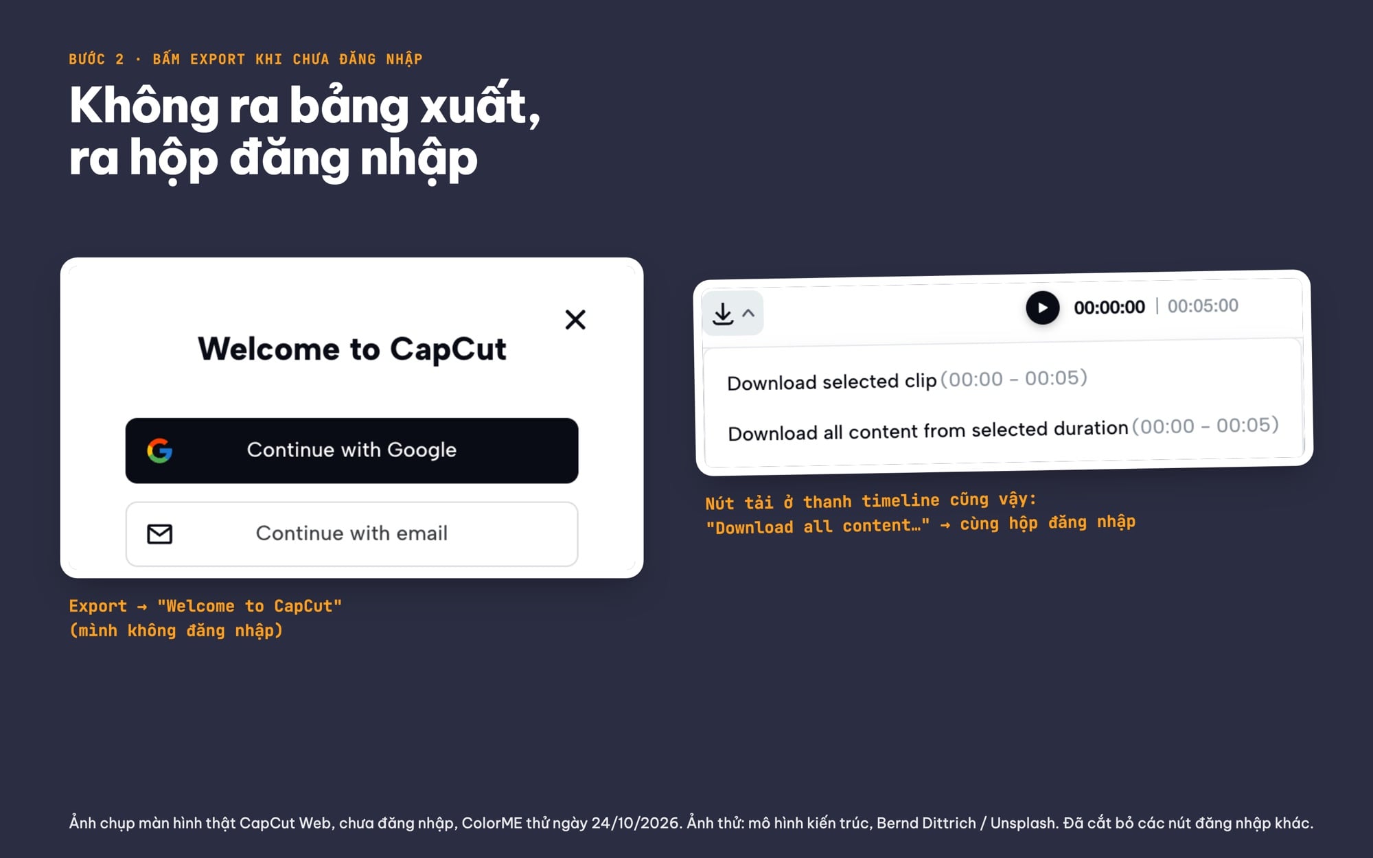 Hộp đăng nhập Welcome to CapCut hiện khi bấm Export trên CapCut Web