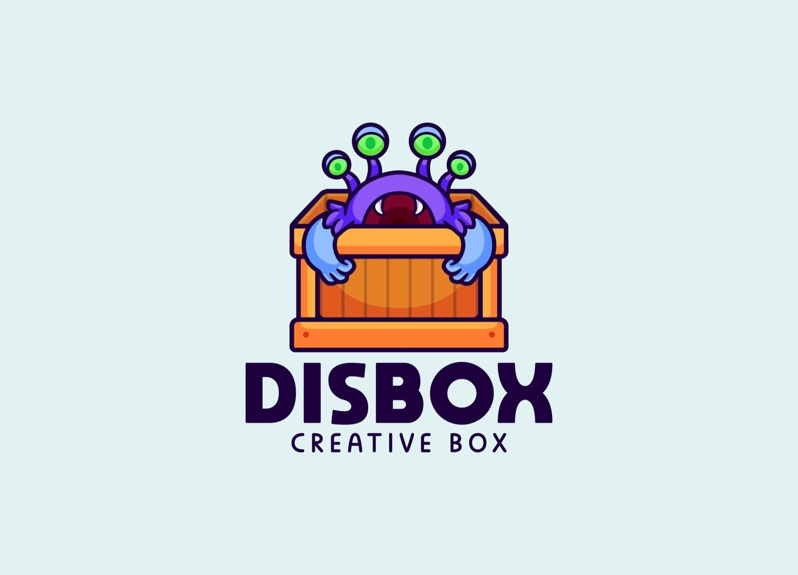 Logo cute quái vật tím trồi lên từ hộp gỗ Disbox