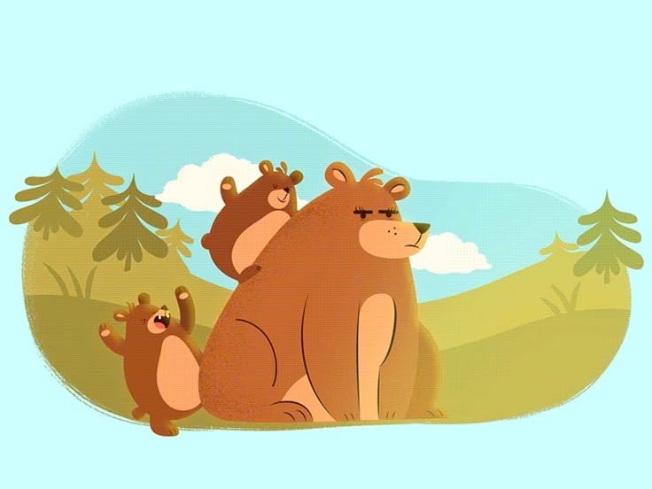 Minh hoạ gấu nâu ngồi giữa đồi cỏ và hàng thông, hai chú gấu con chơi đùa bên cạnh