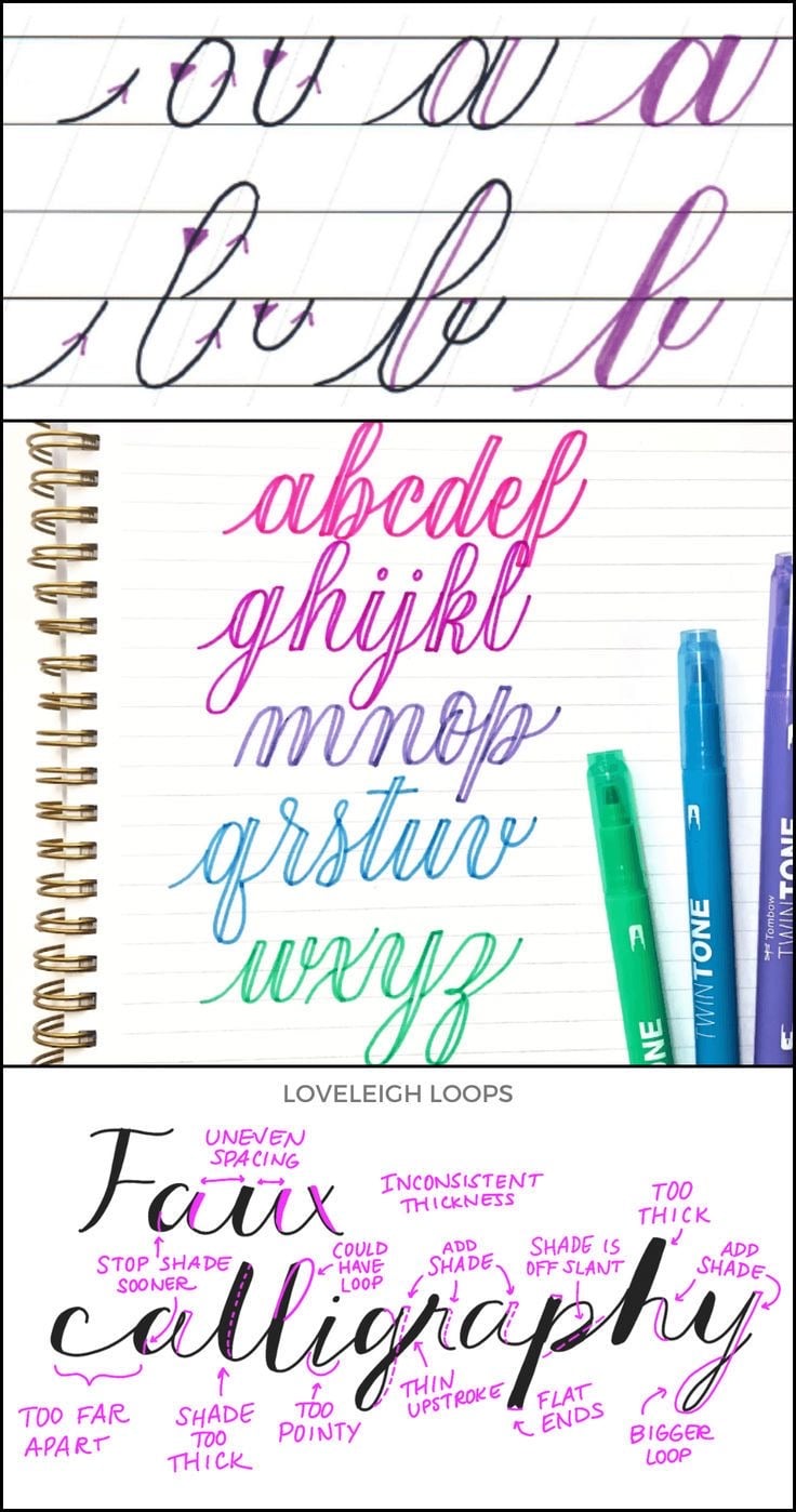 Faux calligraphy từng bước: chữ a và b viết một nét có mũi tên, kẻ thêm nét xuống rồi tô màu, bên dưới là bảng chữ thường nhiều màu và các lỗi hay gặp được ghi chú