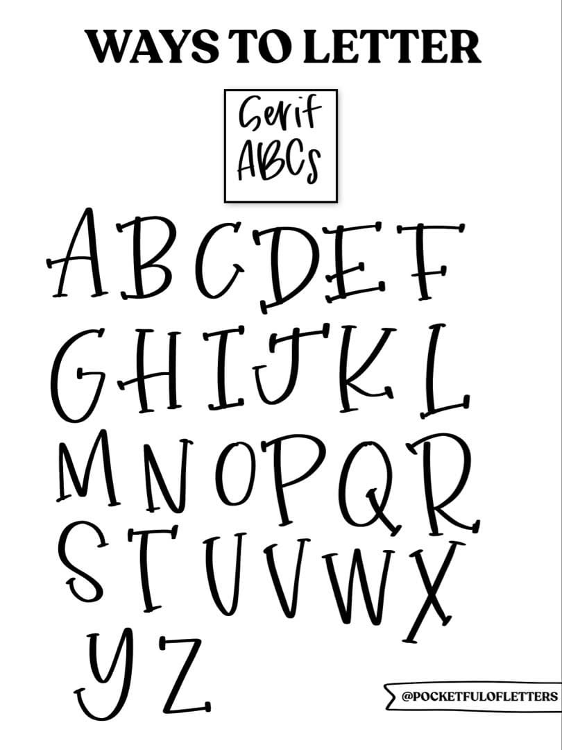 Bảng chữ cái in hoa viết tay có chân nhỏ ở đầu và cuối nét, tiêu đề Ways to letter Serif ABCs