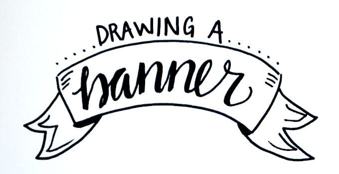 Băng rôn ruy băng vẽ tay cong lên ở hai đầu, chữ banner viết kiểu brush bên trong, dòng chữ Drawing a nhỏ phía trên