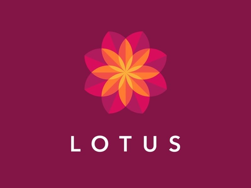 Logo hoa sen xếp tám cánh chồng màu hồng cam trên nền tím mận, chữ LOTUS giãn rộng