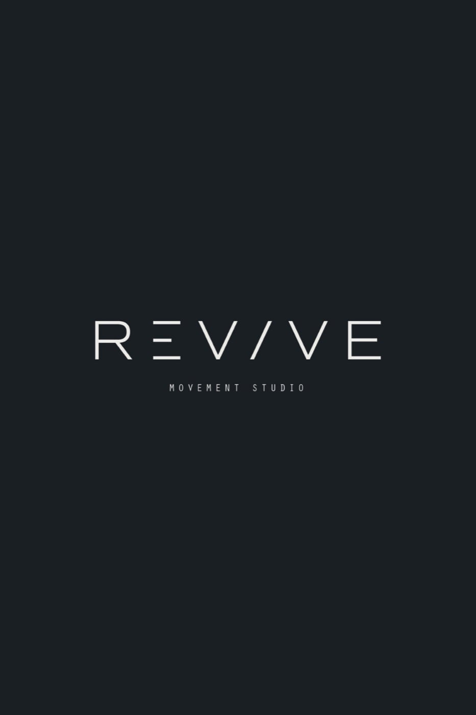 Logo chữ REVIVE nét mảnh, chữ E và V cách điệu, nền xám than