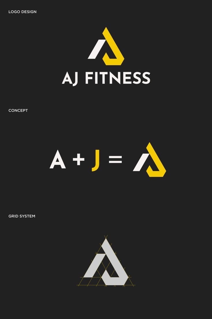 Logo AJ Fitness ghép chữ A và J thành khối tam giác, kèm lưới dựng hình, vàng và xám trên nền đen