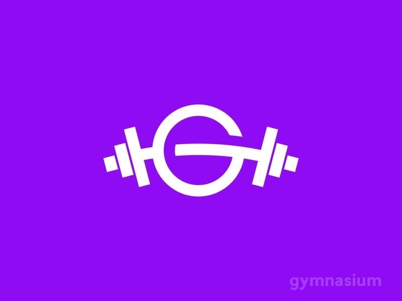 Logo gym chữ G trắng có hai đầu là đĩa tạ trên nền tím