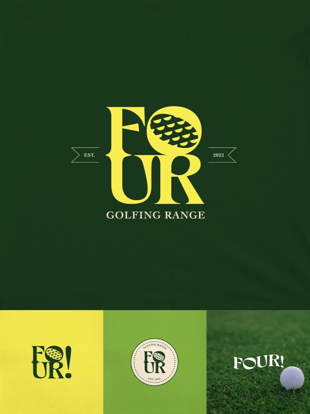 Logo sân tập golf FOUR: chữ có chân màu vàng chanh, chữ O là quả bóng golf, trên nền xanh lá đậm