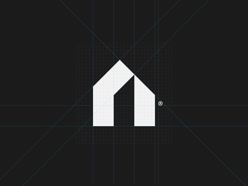 Logo hình ngôi nhà trắng trên nền đen, mái và tường tạo thành chữ A có khe cửa, kèm lưới dựng hình