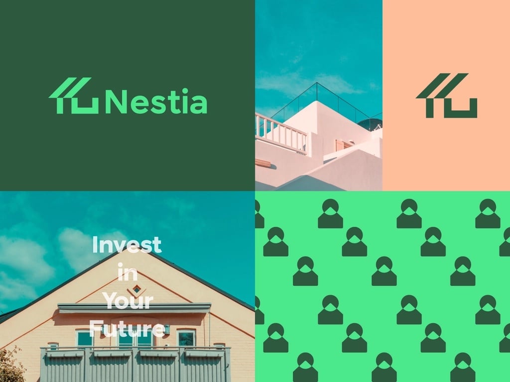 Logo Nestia: hai vệt mái chéo song song và một khung tường xanh lá, trình bày cùng ảnh mái nhà và hoạ tiết