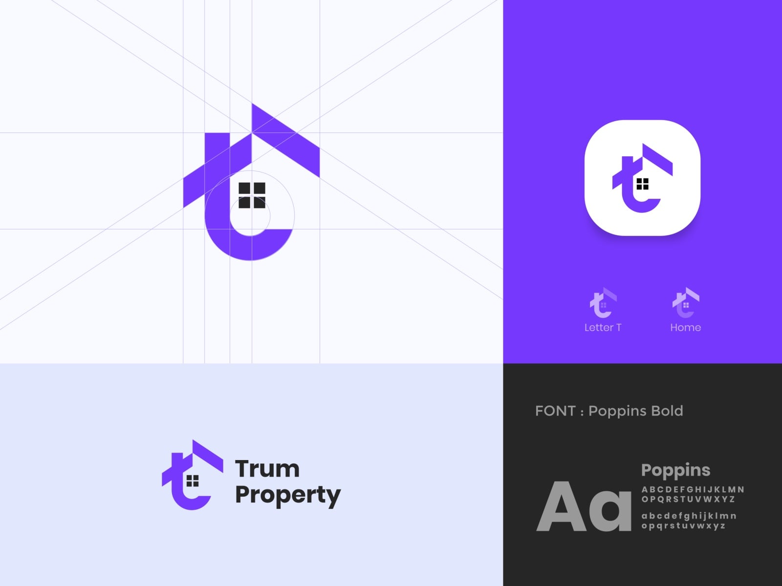 Logo Trum Property: chữ t thường tím có mái nhà và ô cửa sổ, kèm lưới dựng hình và biểu tượng ứng dụng