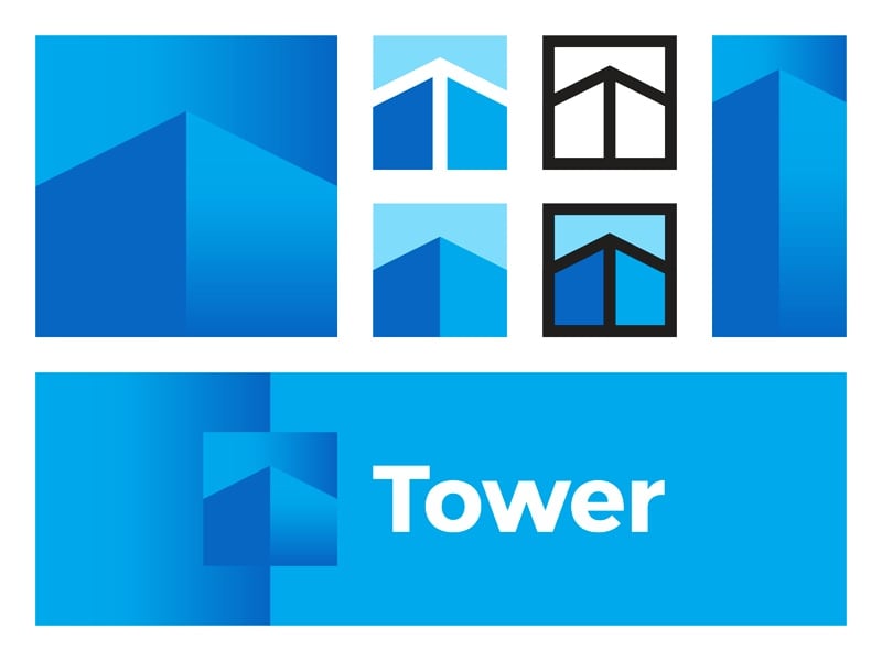Logo Tower: các khối vuông xanh lam xếp thành toà nhà có mái nhọn, nhiều phiên bản trong ô vuông