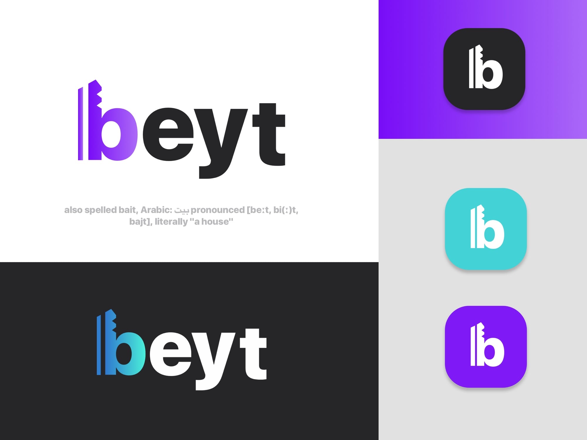 Logo beyt: chữ b có nét đứng thành chìa khoá có răng, kèm biểu tượng ứng dụng tím và xanh