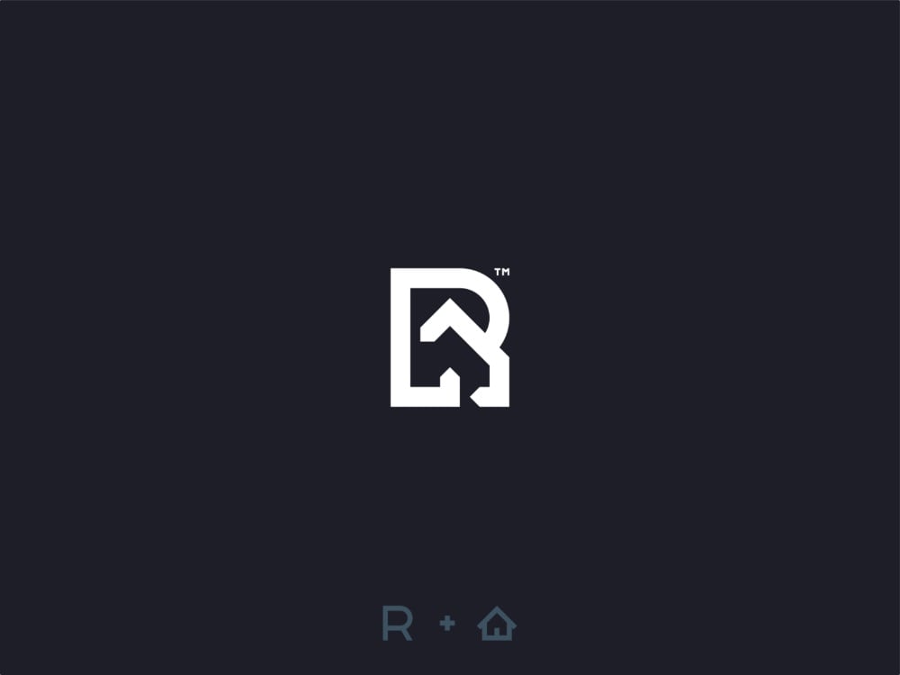 Logo R+HOME: chữ R trắng có mái nhà khoét bên trong, nền xanh than