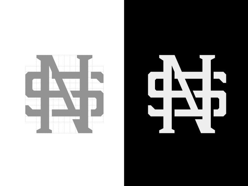 Monogram SN kiểu chữ varsity, chữ S và N đan vào nhau, bản xám và bản đen