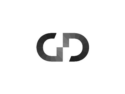Monogram GD màu xám: chữ G và chữ D quay lưng vào nhau, nối bằng một mảng ở giữa