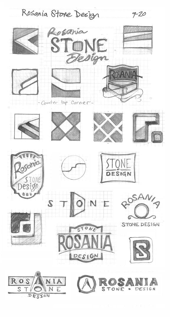 Trang sổ phác thảo logo Rosania Stone Design bằng bút chì: nhiều phương án huy hiệu, chữ lồng S, ô gạch đá và chữ ghép