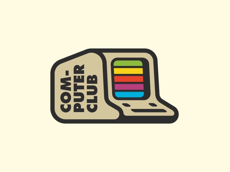 Logo nhãn dán The Computer Club: máy tính cổ màn hình sọc cầu vồng, chữ COMPUTER CLUB đậm xếp dọc, viền đen dày