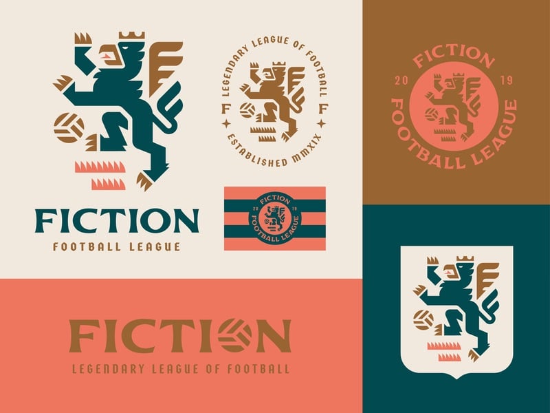 Bộ logo Fiction Football League: sư tử đội vương miện cầm quả bóng, chữ FICTION, huy hiệu tròn, cờ sọc và bản đặt trong khiên