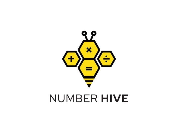 Logo Number Hive: chú ong ghép từ bốn ô lục giác vàng viền đen chứa dấu cộng, nhân, chia, bằng, bên dưới là chữ NUMBER HIVE