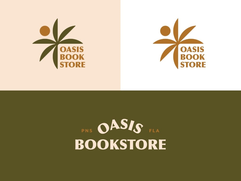 Logo hiệu sách Oasis Bookstore: cây cọ và mặt trời cạnh chữ OASIS BOOK STORE, đặt trên nền kem, nền trắng và một bản chữ trên nền xanh ô liu