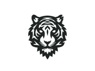 Logo đầu hổ nhìn thẳng màu đen trắng, vằn là các mảng nhọn, tai tròn, má trắng rộng