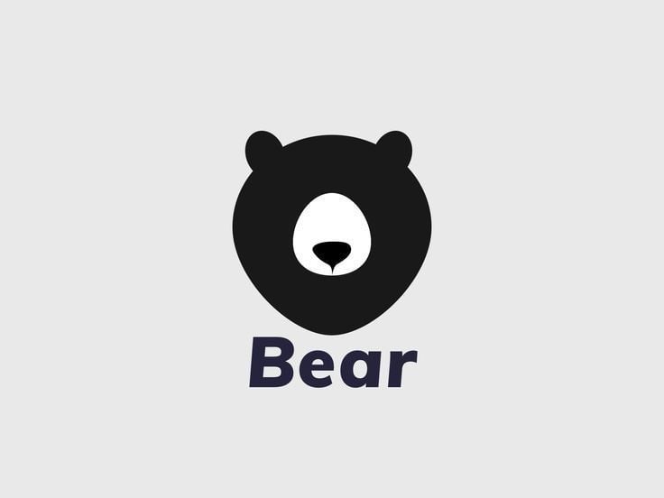 Logo gấu tối giản: đầu đen tai tròn, mõm trắng hình giọt, chữ Bear đậm bên dưới