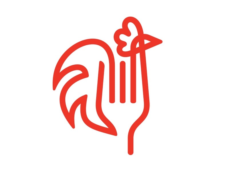 Logo nhà hàng nét đỏ: thân gà trống là một chiếc nĩa, mào tròn và đuôi cong ở phía sau