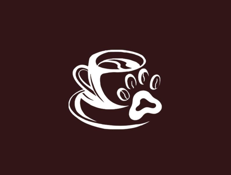 Logo cat café nét trắng trên nền nâu: tách cà phê trên đĩa, bên cạnh là dấu chân mèo có các ngón là hạt cà phê