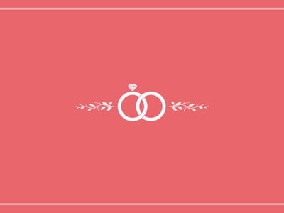 Logo nhẫn cưới trắng trên nền hồng san hô: hai nhẫn lồng nhau, một viên kim cương nhỏ trên đỉnh, hai cành lá hai bên