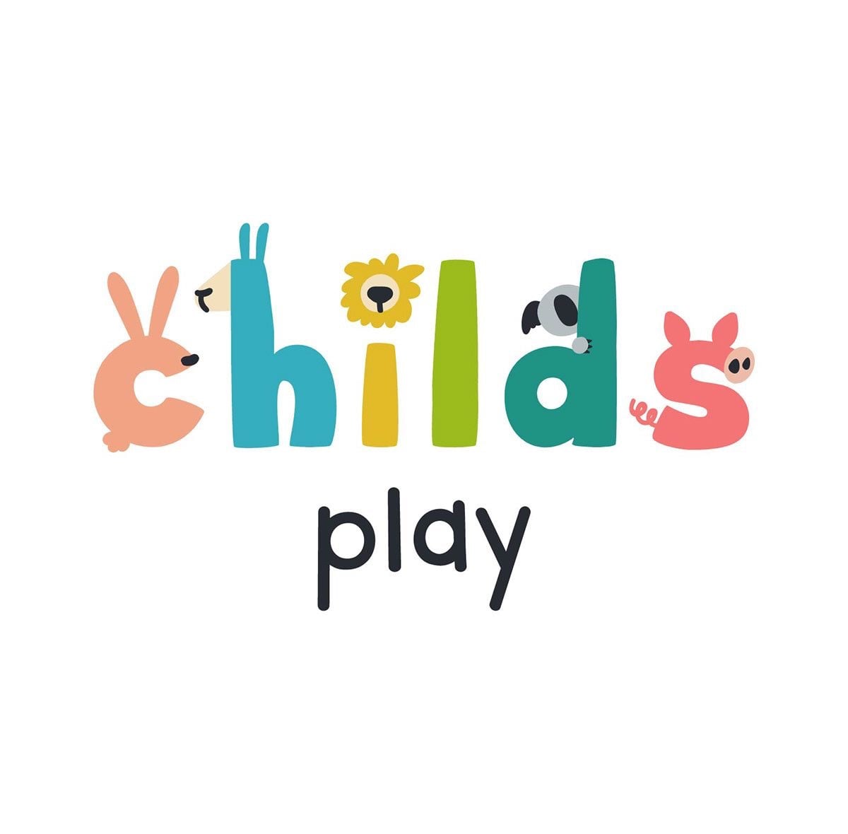 Logo chữ childs play: mỗi chữ cái mang tai hoặc mõm của một con vật như thỏ, lạc đà, sư tử, gấu túi, heo; chữ play màu đen bên dưới