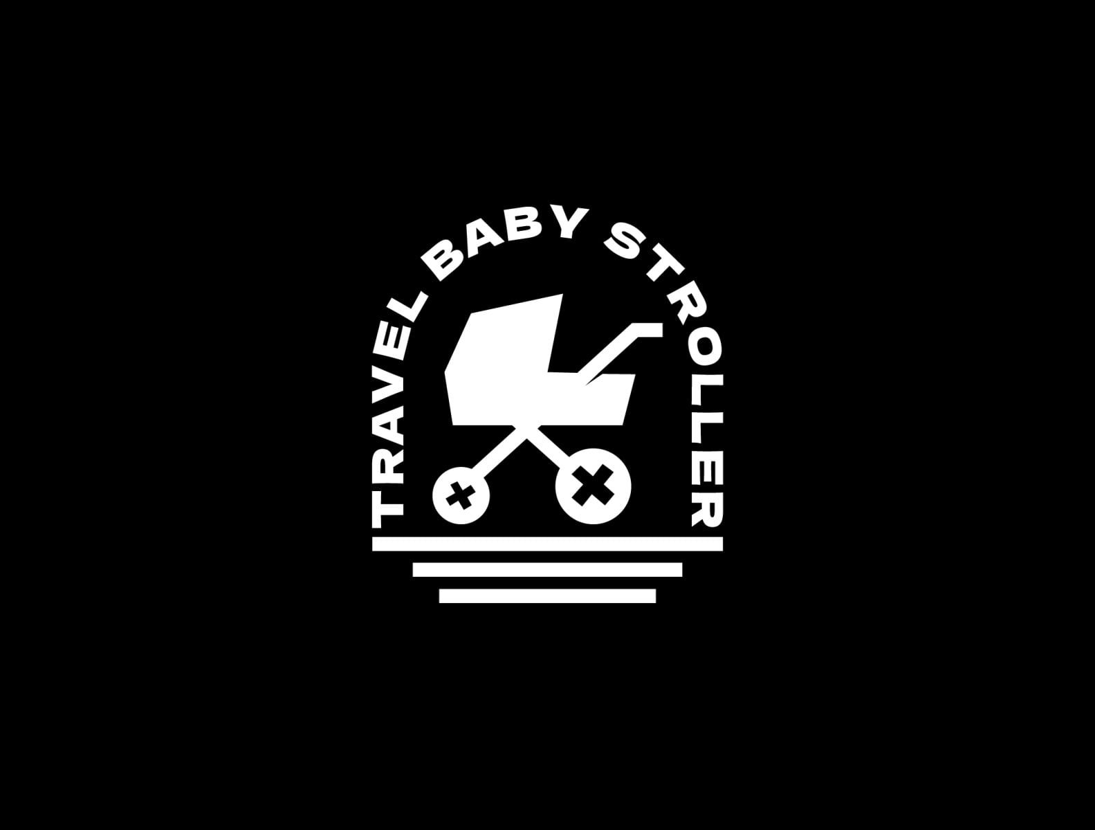 Logo xe đẩy em bé màu trắng trên nền đen: xe đẩy dựng từ mảng phẳng, chữ TRAVEL BABY STROLLER chạy vòng phía trên, ba vạch ngang bên dưới