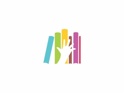 Logo Books and Kids: hàng gáy sách nhiều màu, ở giữa là bàn tay trắng giơ lên bằng khoảng âm