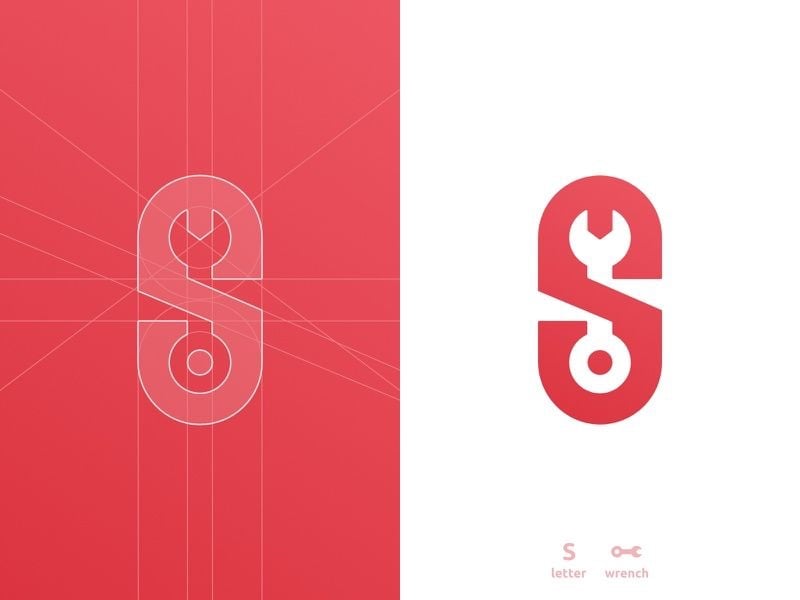 Logo chữ S màu đỏ hồng có cờ lê khoét bằng khoảng âm, bên trái là lưới dựng hình của chữ