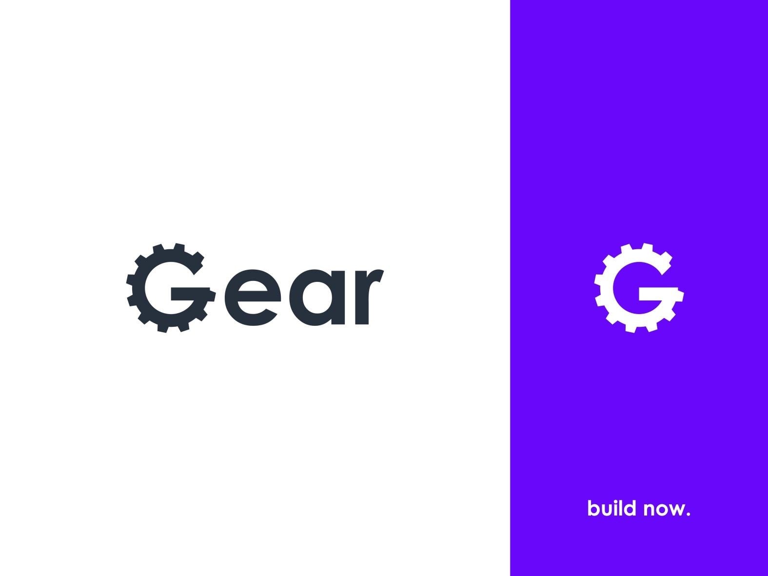 Logo Gear: chữ G nằm trong bánh răng ít răng, bản xám đậm trên nền trắng và bản trắng trên nền tím