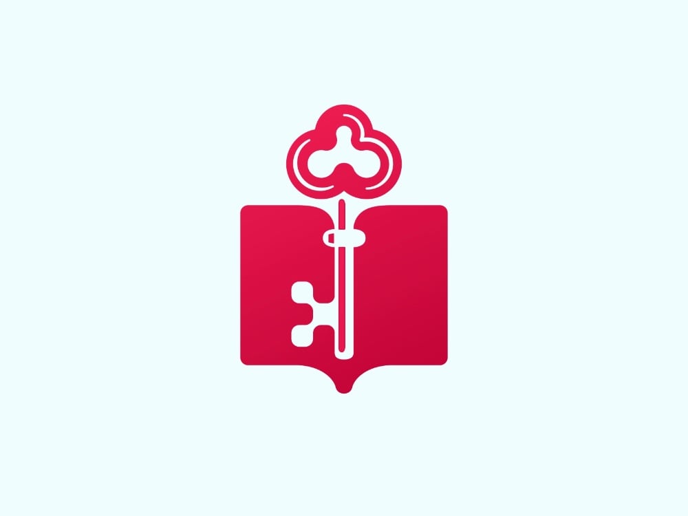 Logo LOD màu đỏ hồng trên nền xanh nhạt: một chiếc chìa khoá cổ cắm qua khối vuông như cuốn sách mở, phần răng chìa hiện ra bằng khoảng âm