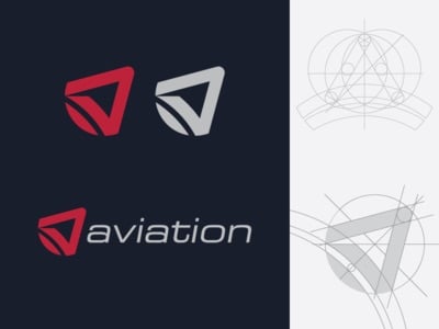 Logo chữ A cho ngành hàng không: khối tam giác bo góc có các vệt cong như cánh, bản đỏ và bản xám trên nền xanh đen, bên phải là lưới dựng hình