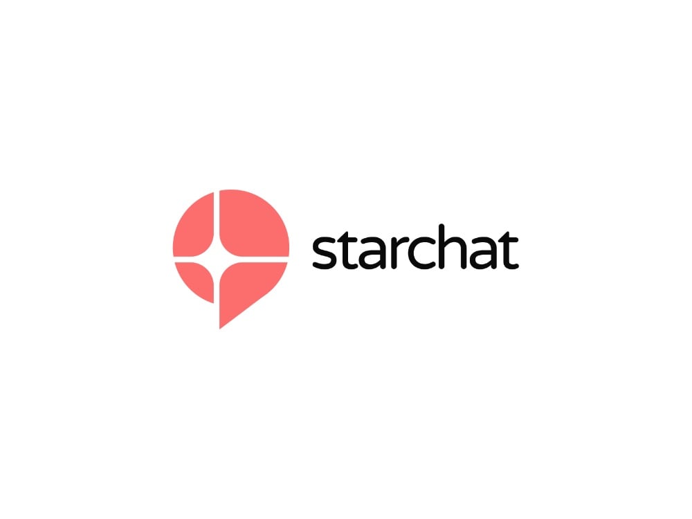 Logo starchat: bong bóng chat tròn màu san hô, ngôi sao 4 cánh hiện ra bằng các khe trắng cắt qua bong bóng, chữ starchat đen bên cạnh
