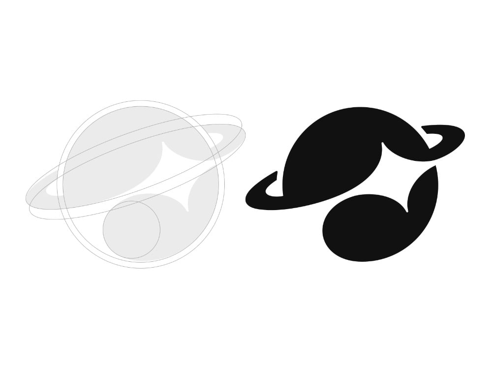 Logo hành tinh đen có vành đai, ngôi sao 4 cánh hiện ra bằng khoảng âm giữa hai khối, bên trái là lưới dựng hình
