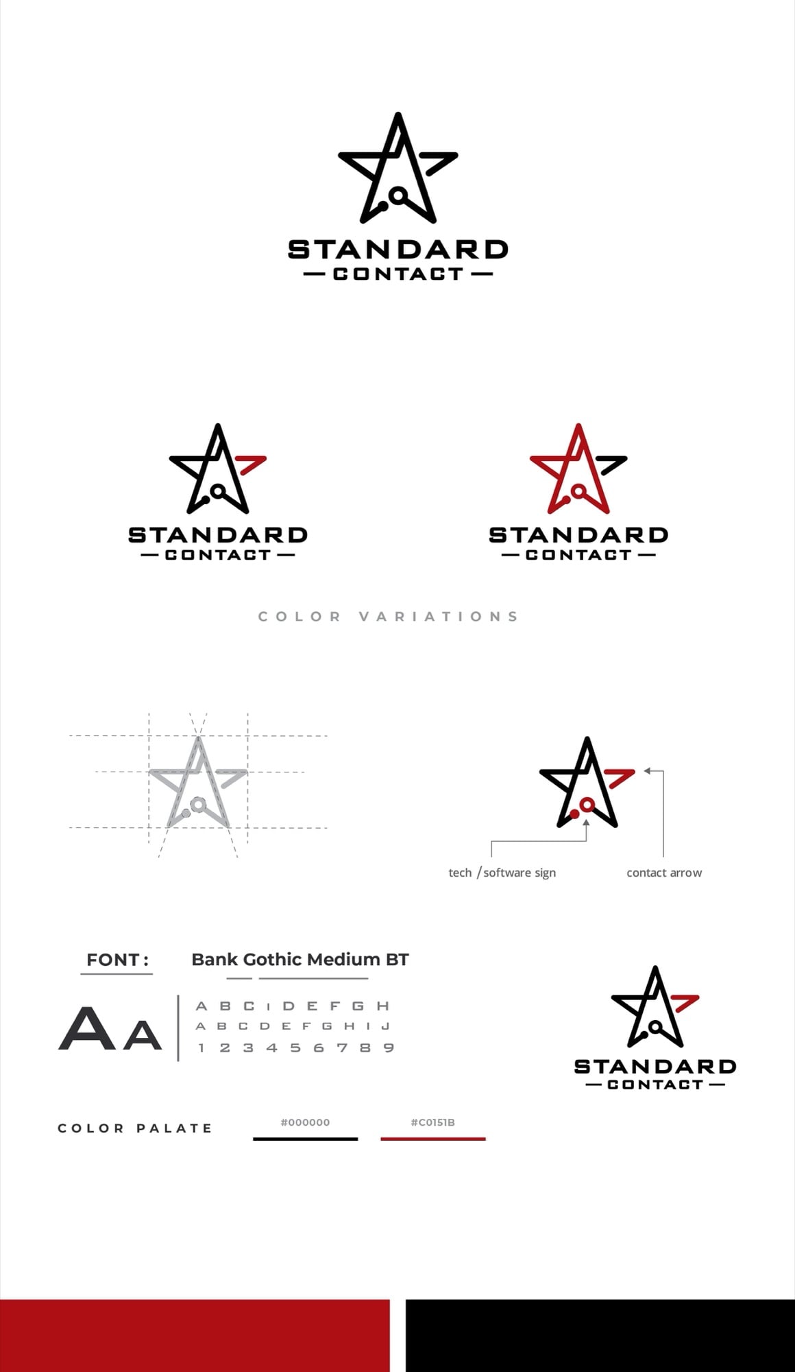 Logo Standard Contact: ngôi sao 5 cánh nét đen có chữ A trong lòng, một mũi đỏ như mũi tên, kèm lưới dựng và bảng màu
